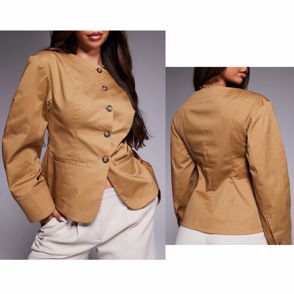 ASOS tan button front collarless blazer